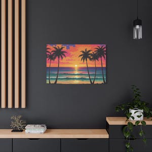 Tropical Sunset Canvas Wall Art, Vibrant Beach Decor, Boho Home Design, Gift for Ocean Lovers, Relaxing Vibe