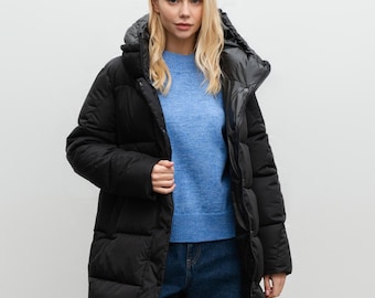 Black Puffer Jacket, Women's Faux Down Coat with Hood, Hooded Elongated Puffer, Trendy Winter Parka, Women Puffer Coat, Midi Down Jacket