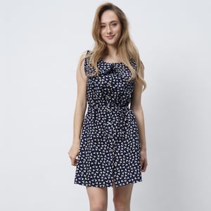 Women&#39;s blue printed retro collared cotton mini Dress with front button up, everyday casual Dress, retro mini Dress, vintage inspired Dress