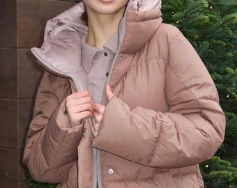 Light Brown Puffer Jacket, Women's Faux Down Coat with Hood, Hooded Elongated Puffer,Trendy Winter Parka,Women Puffer Coat, Midi Down Jacket