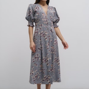 Women&#39;s grey floral print midi Dress with front button up, casual Dress,women office wear, grey midi Dress, short sleeve Dress,elegant Dress