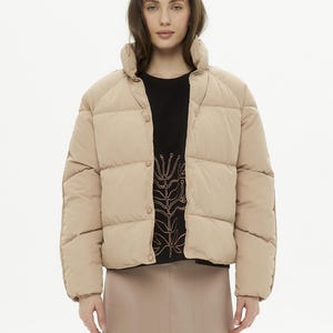 Women&#39;s beige puffer jacket, women faux down jacket, no-hood women puffer, beige women’s Puffer,women outwear, no-hood jacket, trendy puffer