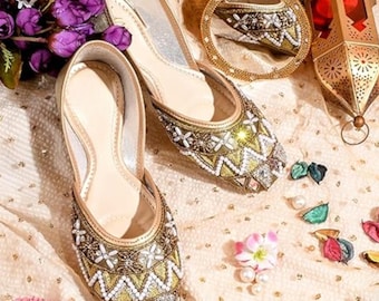 Golden Beaded Punjabi Jutti, Mirror Work Khussa, Bridal Mojari
