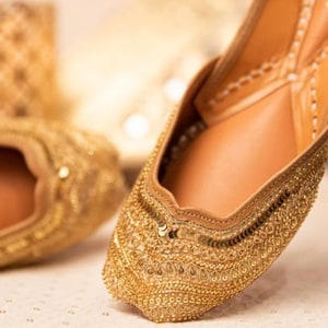 Golden Embroidered Juttis: Indian Wedding Bridal Shoes