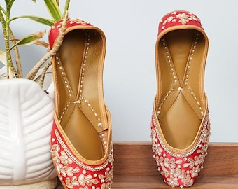 Handmade Golden Floral Embroidered Leather Jutti, Bridal Shoes