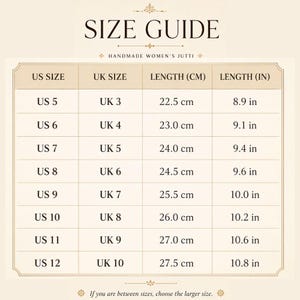 May include: A beige size guide chart for handmade jutti footwear with black text. The table lists US sizes 5 through 12, corresponding UK sizes 3 through 10, and lengths in both centimeters and inches. The bottom text reads: If you are between sizes, choose the larger size.