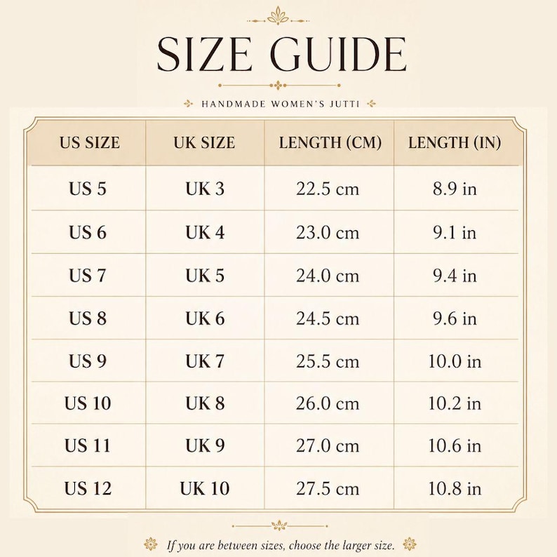 May include: A beige size guide chart for handmade jutti footwear with black text. The table lists US sizes 5 through 12, corresponding UK sizes 3 through 10, and lengths in both centimeters and inches. The bottom text reads: If you are between sizes, choose the larger size.