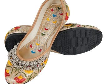 Embroidered Punjabi Jutti, Beige Khussa Shoes, Stone Embellishment