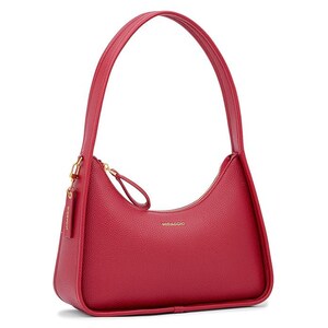 May include: A red handbag with a curved zip closure and a single shoulder strap. The bag has a textured surface and gold-coloured zip and hardware. The word "MIRAGGIO" is embossed on the front of the bag.