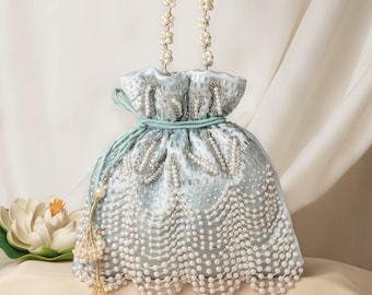 Fancy Pearl Bead Embroidery Satin Wedding Purse Bag