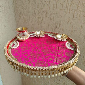 Traditional Pink and Gold Brocade Festival Thali with Golden Bowls