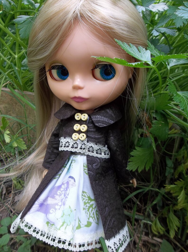 May include: A doll with long blonde hair and large blue eyes, dressed in a dark brown coat with yellow buttons and white lace trim. The doll's dress has a bird and leaf pattern. Green foliage forms the background.