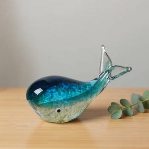 Glass Whale Figurine | Blown Glass Art Ocean Blue Whale Sculpture | Sea Animal Home Decor Statue | Coastal Desk Decor Marine Life Collectibl