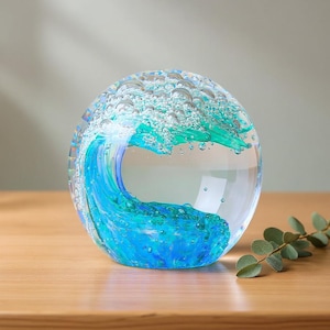 Ocean Wave Glass Paperweight | Art Glass Sphere Desk Decor | Coastal Ocean Theme Home Ornament Sculpture | Unique Desktop Art