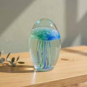 Glass Jellyfish Paperweight | Ocean Animal Sculpture | Glow in the Dark Marine Life Art | Unique Desk Accessory | Home Office Decor Accent