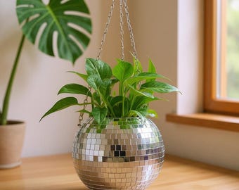 Multi-Color Disco Ball Hanging Planter  | Retro Indoor Outdoor Decor | Unique Striped Bohemian Style