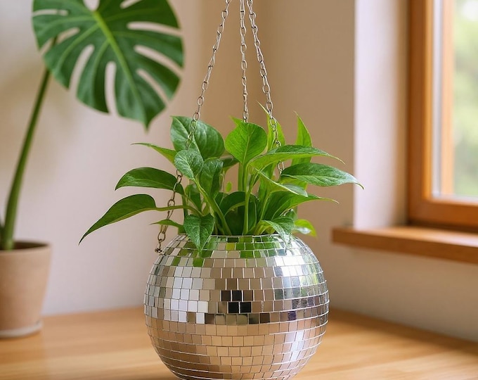Mehrfarbiger Disco Ball Blumenampel | Selbstbewässernder Spiegelpflanzentopf | Retro Indoor Outdoor Dekor | Einzigartiger Gestreifter Boho Stil