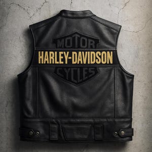 Può includere: Gilet in pelle nera con il logo Harley-Davidson in oro e nero. Il gilet ha un classico stile biker con chiusura a bottoni e tasche. La parte posteriore del gilet presenta il logo Harley-Davidson.