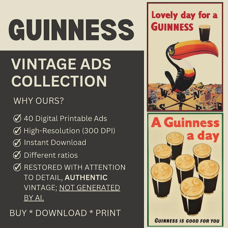 Vintage Guinness Wall Art Ads: Retro Beer Poster Art Collection 40 Prints Digital Download Bundle (Digital Download) image 2