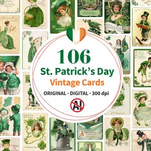 Op de afbeelding: Een verzameling van 106 vintage kaarten voor St. Patrick's Day. De kaarten tonen illustraties van mensen in groene kleding, klavers en andere feestelijke elementen. De kaarten zijn origineel en digitaal, met een resolutie van 300 dpi.
