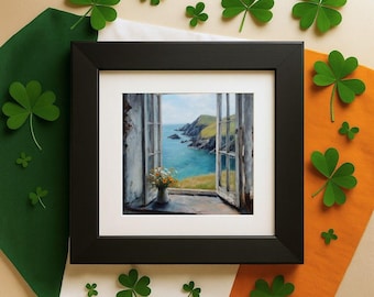 Irish Wall Art - Cottage Window Painting - Coastal Cliff Ocean View Ireland Print (Digital Download)