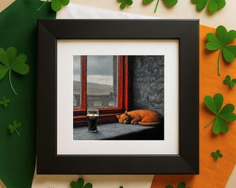 Art mural Cat & Pint Irish Pub - Impression Irlande Cosy Rainy Cottagecore (téléchargement numérique)
