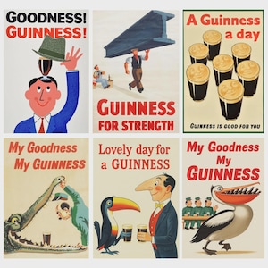 May include: A collection of vintage Guinness advertisements. The posters feature illustrations of people, animals, and objects with the Guinness logo and slogans like "Goodness! Guinness!" and "Guinness for Strength."