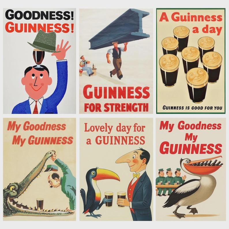 May include: A collection of vintage Guinness advertisements. The posters feature illustrations of people, animals, and objects with the Guinness logo and slogans like "Goodness! Guinness!" and "Guinness for Strength."