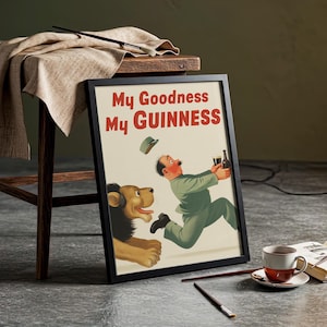 Vintage Guinness Lion Poster – “My Goodness My Guinness” Print – Irish Pub Wall Art – Digital Beer Print Download