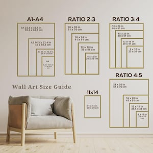 May include: Wall art size guide with dimensions in inches and centimeters. Displays various aspect ratios, including A1-A4, 2:3, 3:4, and 4:5, with corresponding sizes like 20 x 30 inches (51 x 76 cm). A comfortable armchair is in the foreground.