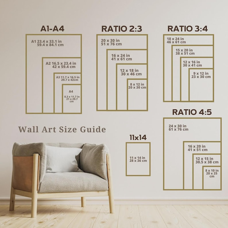 May include: Wall art size guide with dimensions in inches and centimeters. Displays various aspect ratios, including A1-A4, 2:3, 3:4, and 4:5, with corresponding sizes like 20 x 30 inches (51 x 76 cm). A comfortable armchair is in the foreground.