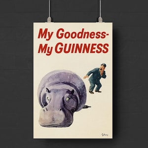 Vintage Guinness Hippo Poster – Retro Beer Ad Reproduction, Funny Irish Pub Print, Guinness Wall Art for Bar, Kitchen or Man Cave Decor