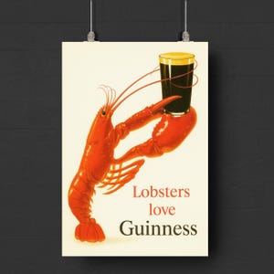 Lobster Guinness Poster – Vintage Guinness Ad Digital Download, Funny Pub Wall Art, Retro Kitchen Bar Printable, Guinness Wall Decor