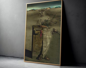 Lienzo decorativo surrealista de paisaje onírico, figura abstracta con cajón, paisaje desértico místico, pintura surrealista moderna, decoración única para el hogar