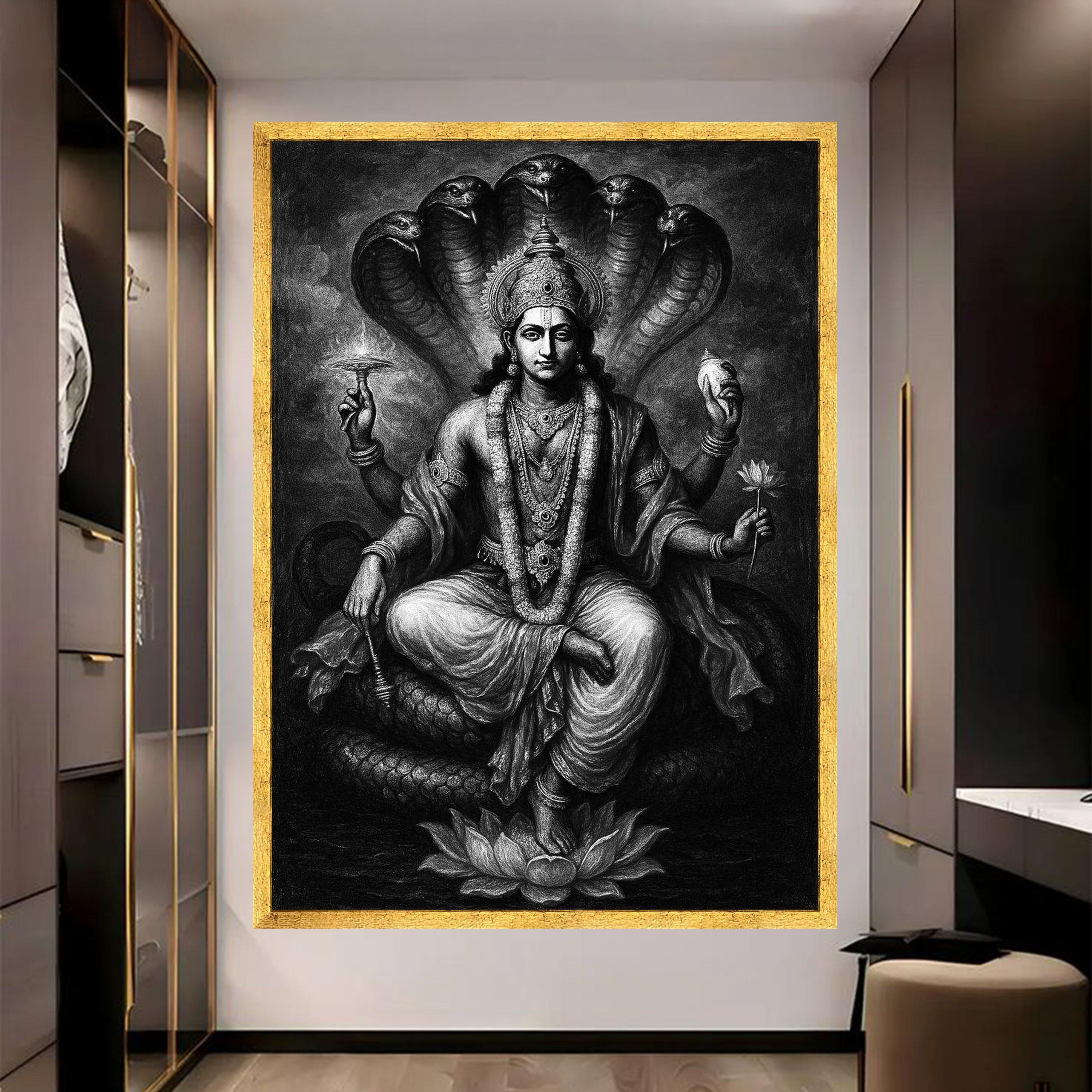 Lord Vishnu Canvas Wall Art, Hindu God Painting, Mythological Decor ...