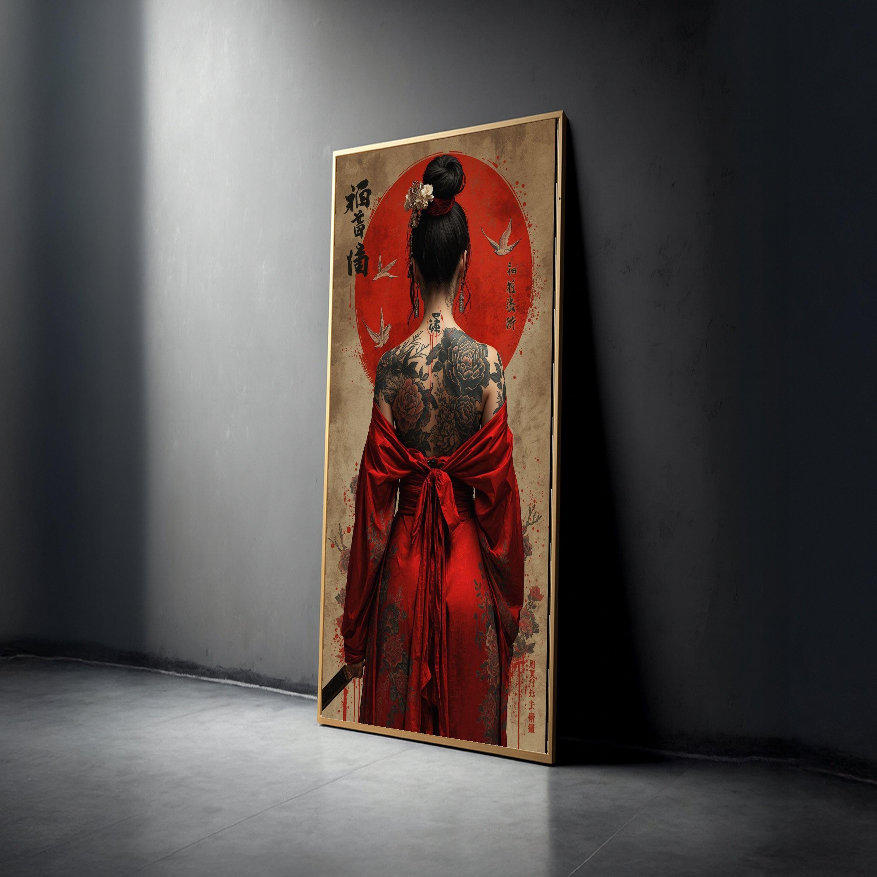 Elegant Geisha Back Tattoo Canvas, Red Kimono Wall Art, Japanese Art ...