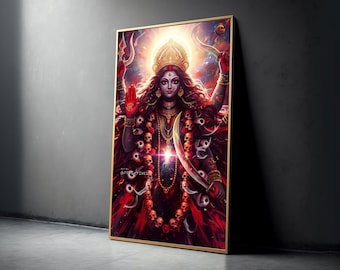 May include: A framed artwork depicts a multi-armed deity with a dark complexion, adorned with a crown and skull necklace. The figure holds weapons and is surrounded by a radiant halo. The artwork is set against a dark background.