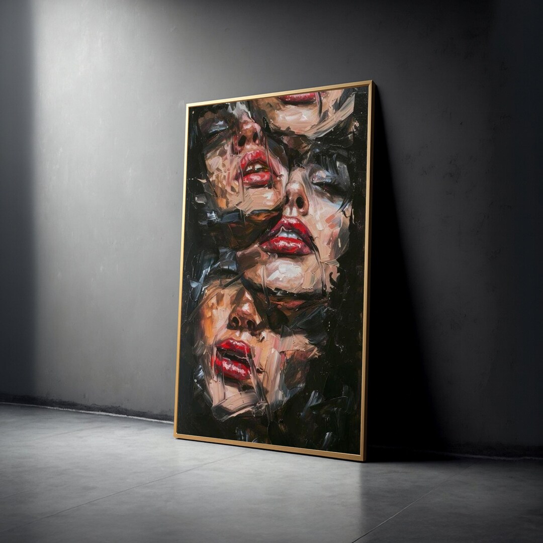 Abstract Female Faces Canvas, Modern Expressionism Wall Art, Red Lips ...