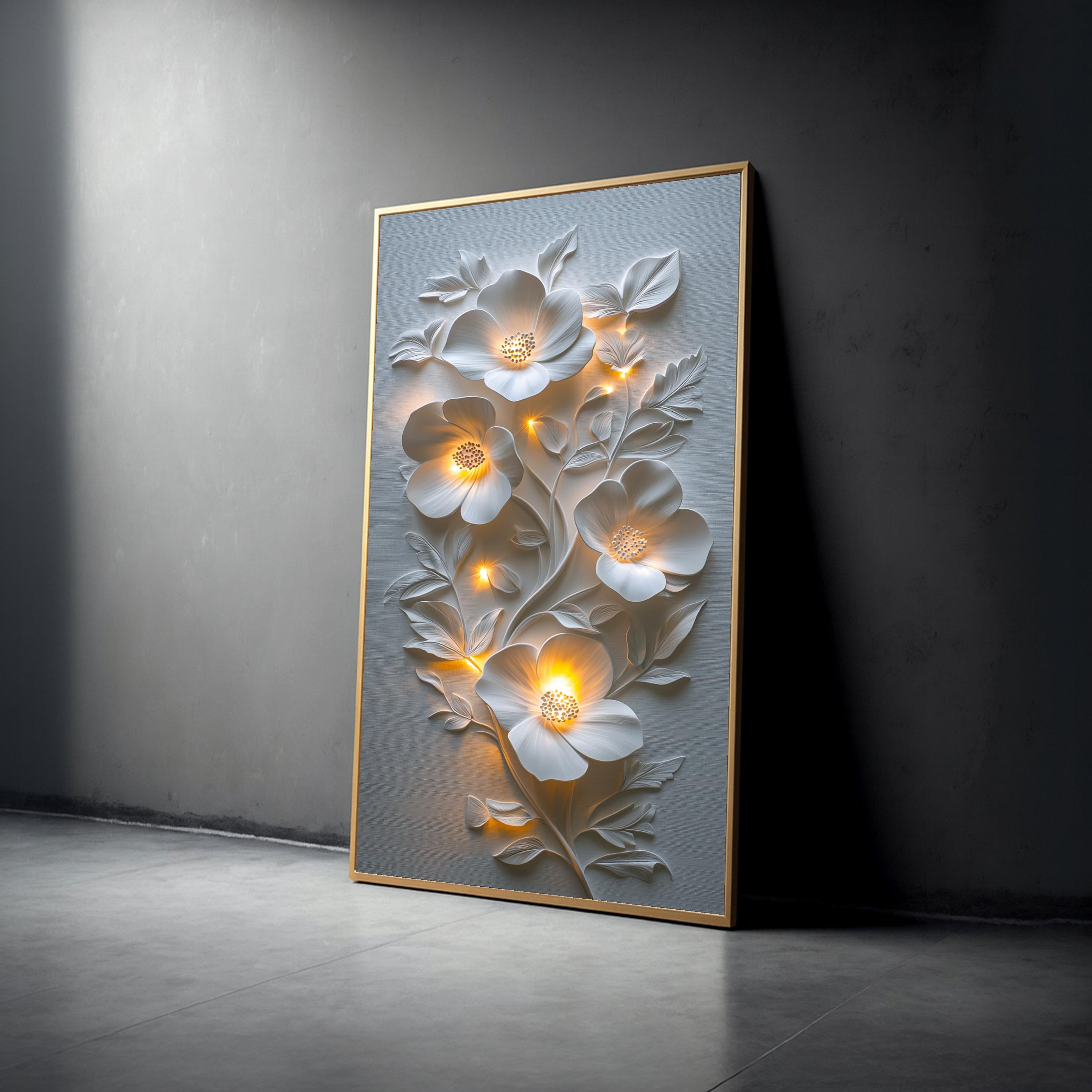 White Floral Canvas Wall Art With an Illuminated Effect, Modern Home ...