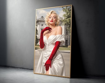 Glamoroso estilo vintage de Hollywood, lienzo de mujer elegante con vestido blanco, retrato retro, decoración de lienzo de belleza clásica, hogar de lujo.
