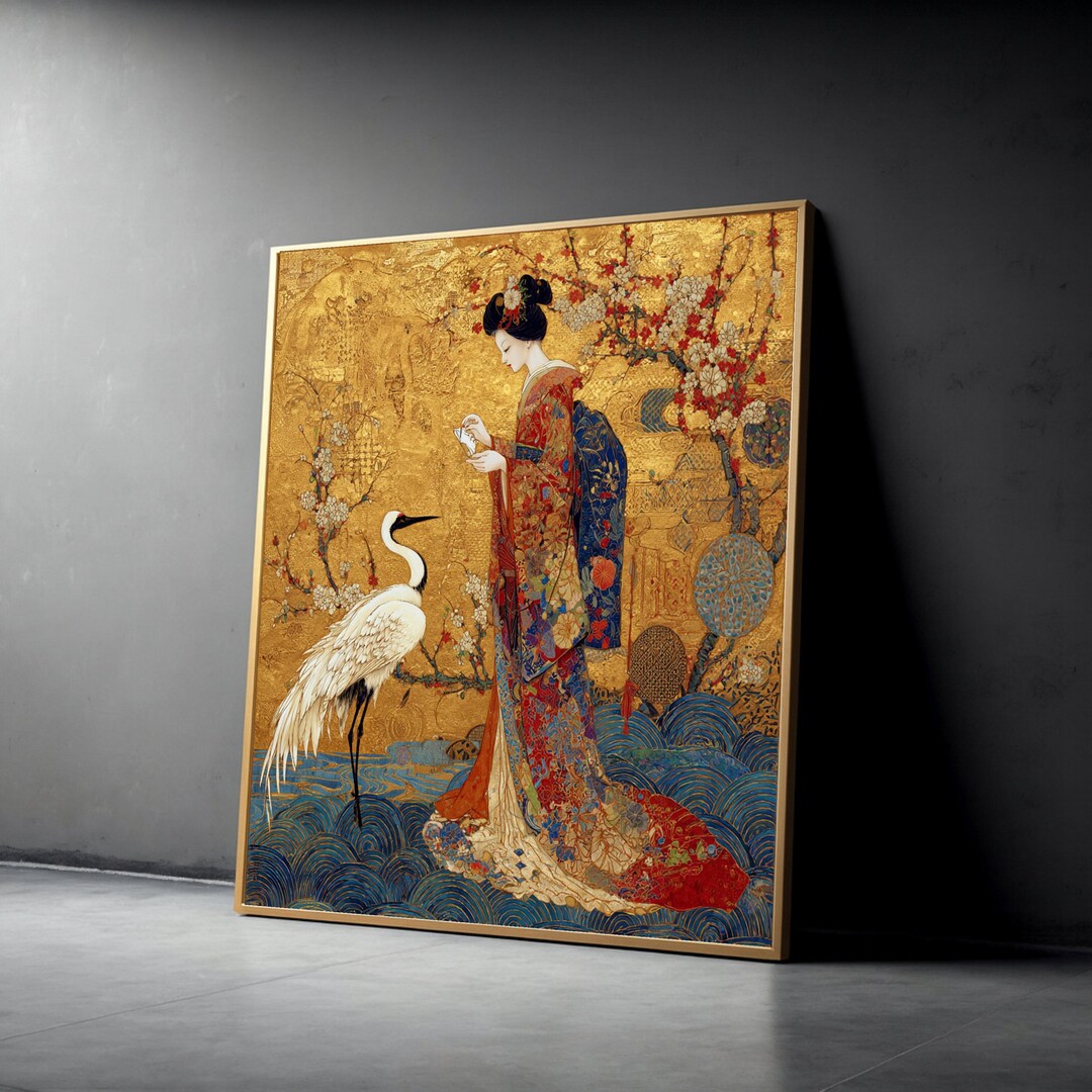 Elegant Japanese Geisha With Crane Canvas, Traditional Kimono Art ...