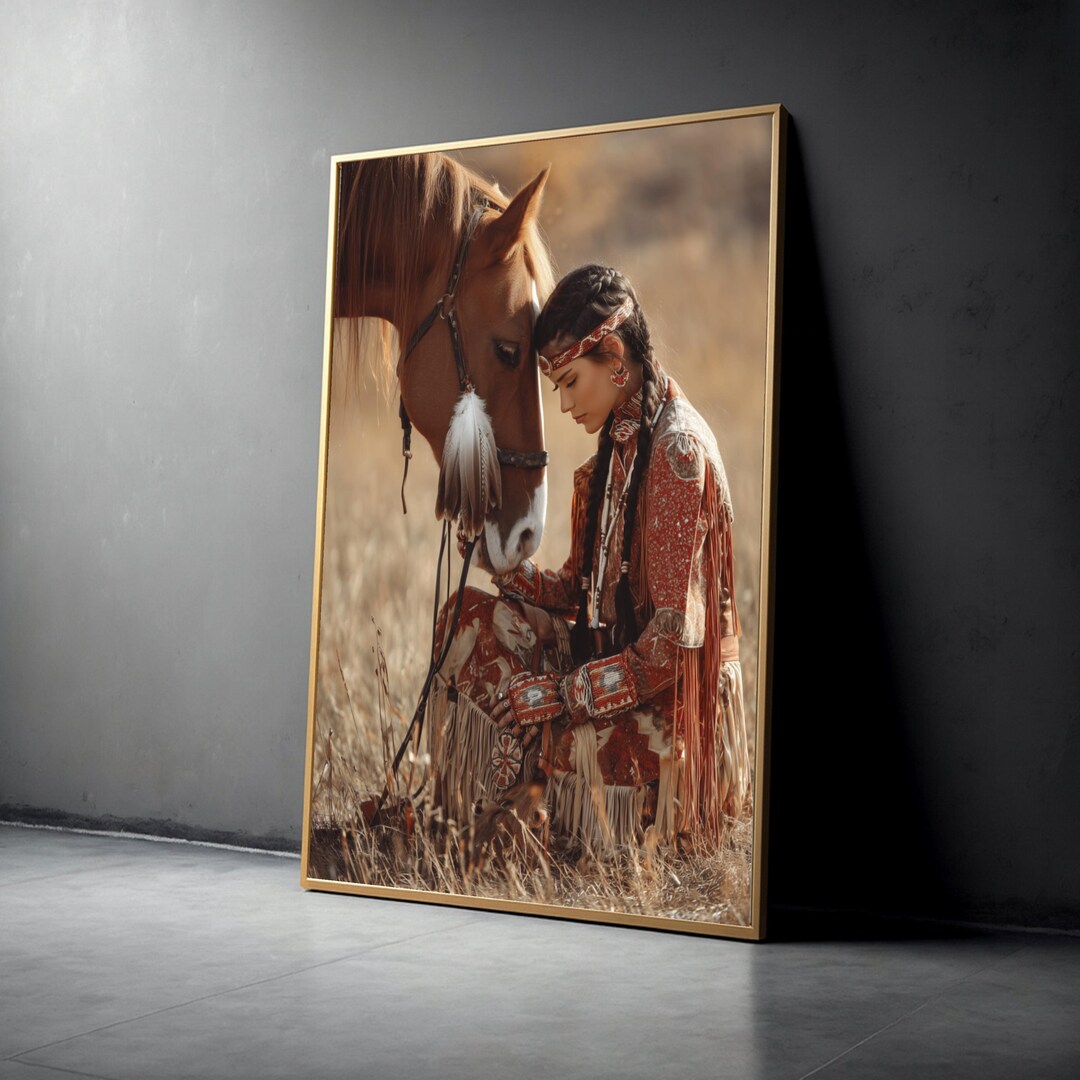 Native American Woman With Horse Canvas Wall Art, Western Tribal ...