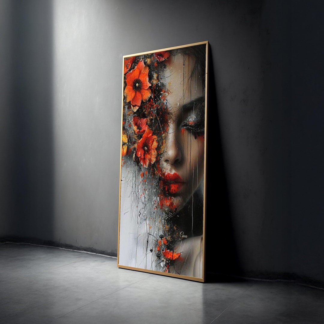 Abstract Woman Face Canvas, Floral Red Poppies Artwork, Modern Mixed ...