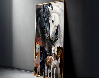 Lienzo de caballos majestuosos, pintura de caballos en blanco y negro, decoración ecuestre para el hogar, retratos de caballos, decoración de pared con animales.