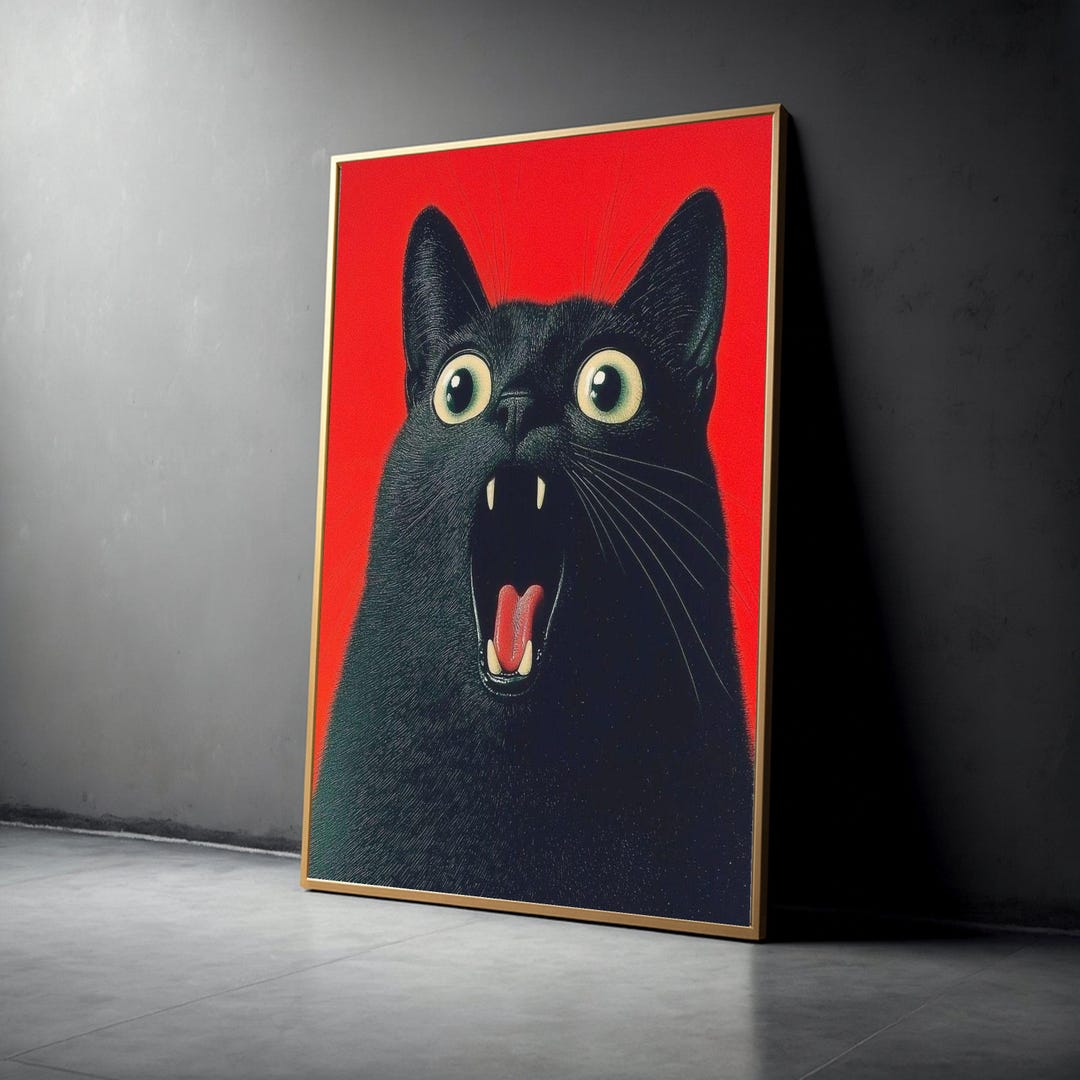 Surprised Black Cat Canvas Wall Art, Bold Red Background, Whimsical ...