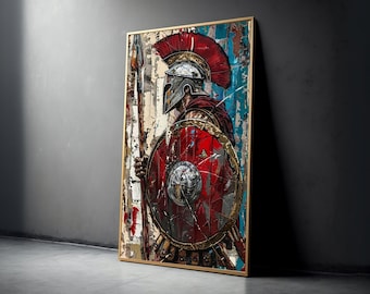 Spartan Warrior Canvas Wall Art, Ancient Roman Soldier Painting, Gladiator Helmet & Shield Decor, Red Armor Historical Canvas, Ready to Hang