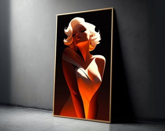 Lienzo con retrato de mujer rubia glamurosa, arte mural estilo Hollywood retro, elegante silueta femenina, decoración moderna y glamurosa, listo para