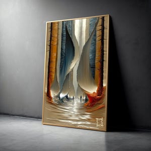 May include: Abstract art print featuring a forest scene with a path leading into the distance. The artwork uses a palette of beige, blue, and orange, with a textured, layered effect. The framed print is displayed against a dark gray wall.