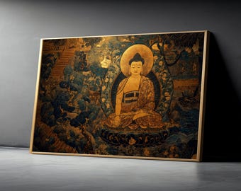 Meditative Buddha Canvas Wall Art, Asian Spiritual Decor, Golden Buddha Painting, Tranquil Zen Home Decoration, Buddhist Art Print
