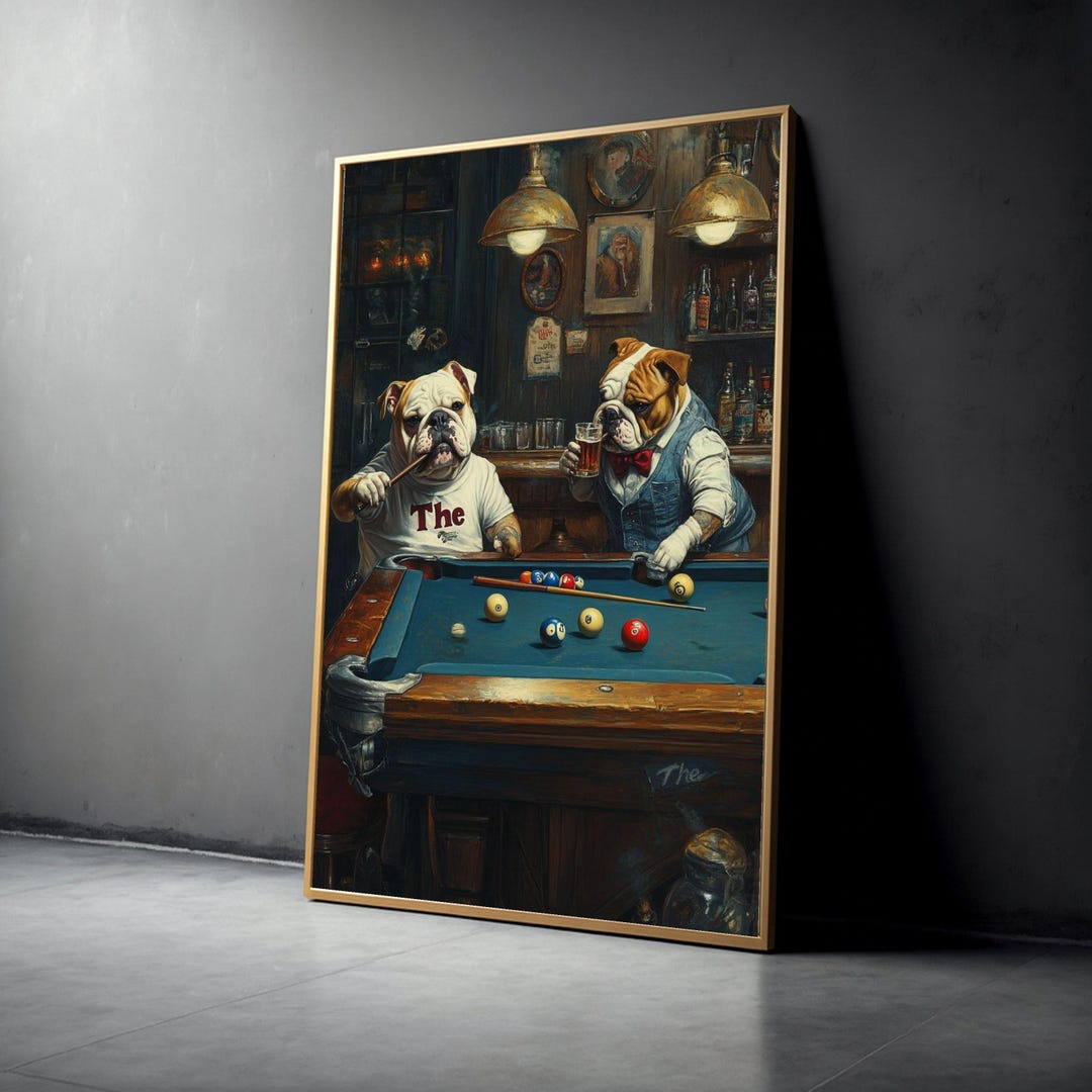 Playful Bulldog Pool Players Canvas, Vintage Pub Scene Wall Art, Dog ...